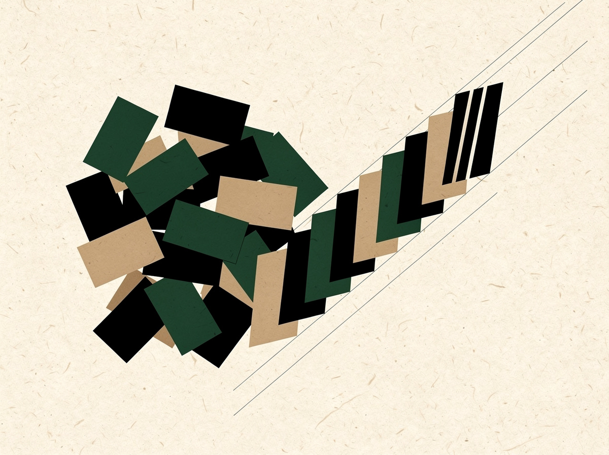 Flat geometric illustration of scattered cards resolving into one ordered diagonal row