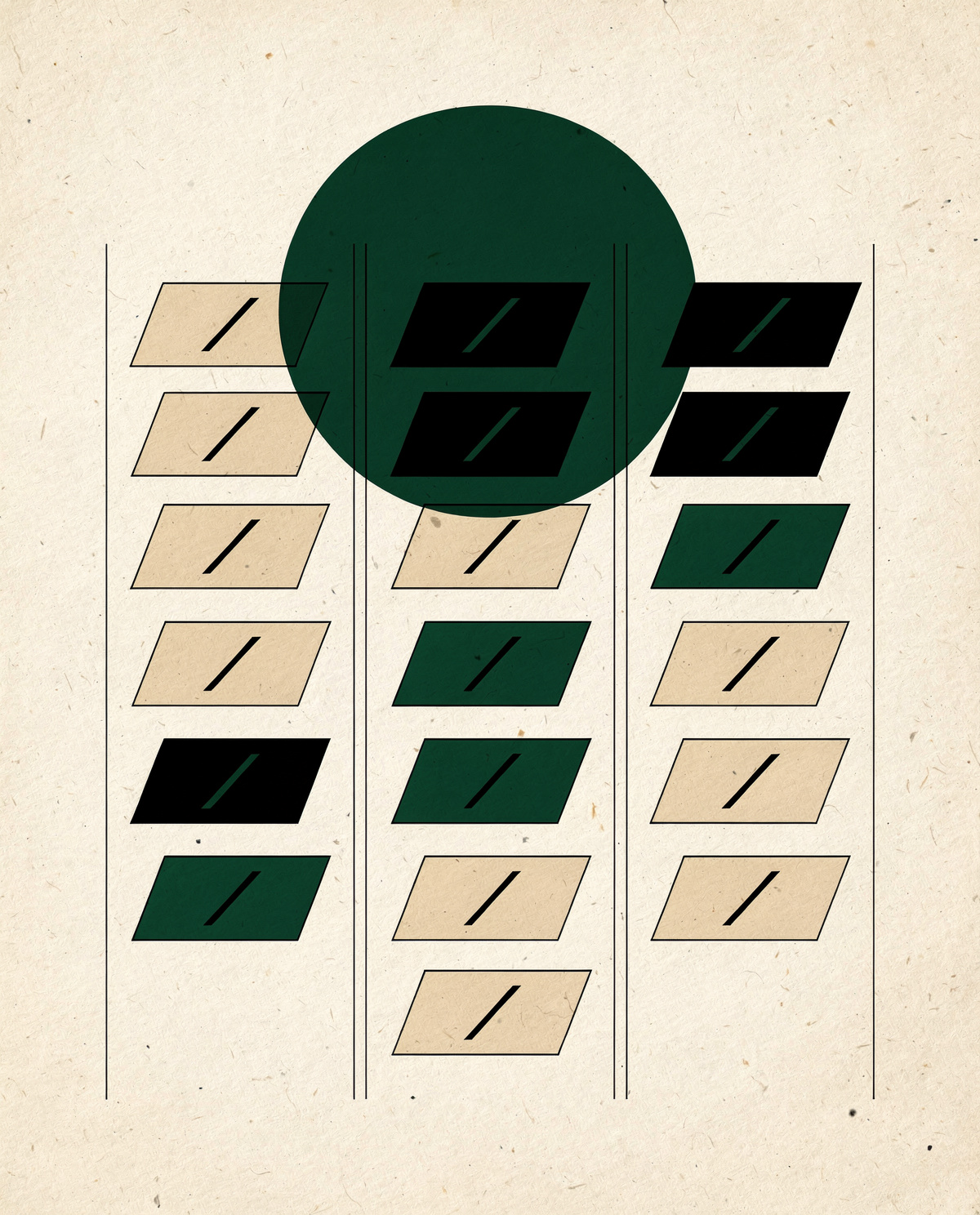 Flat geometric illustration of a kanban board: three columns of stacked cards under a forest-green circle
