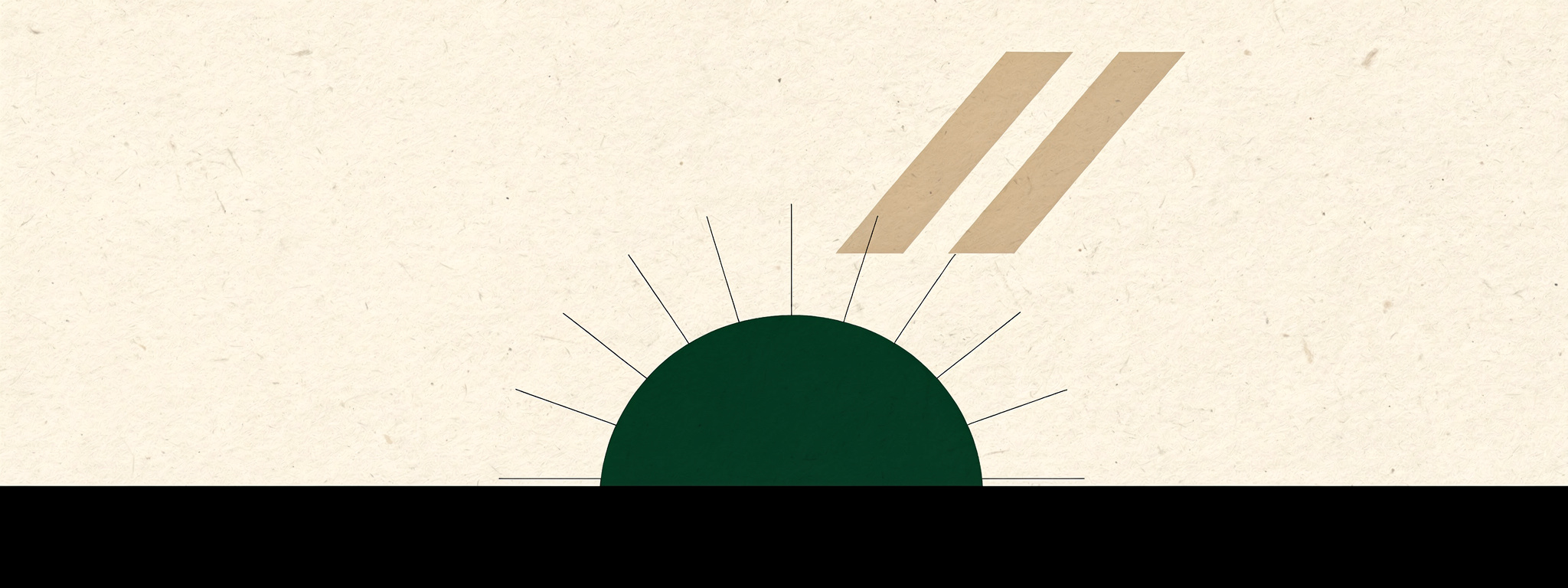 Flat geometric illustration of a forest-green sun rising over an ink horizon