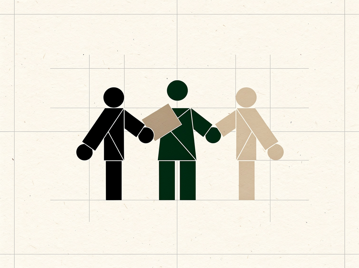 Flat geometric illustration of three abstract figures passing a card between them