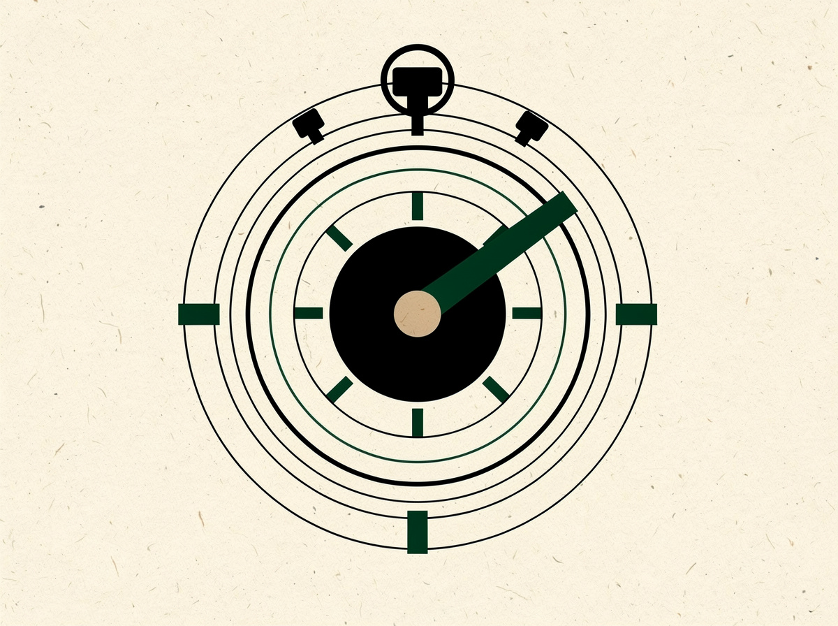 Flat geometric illustration of a deconstructed stopwatch with a forest-green sweeping arc